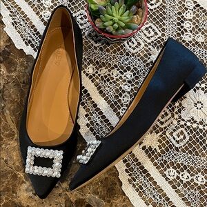 J. Crew Marina Crystal Buckle Pointy-Toe Ballet Flats 7 Black Satin/Silver/Pearl